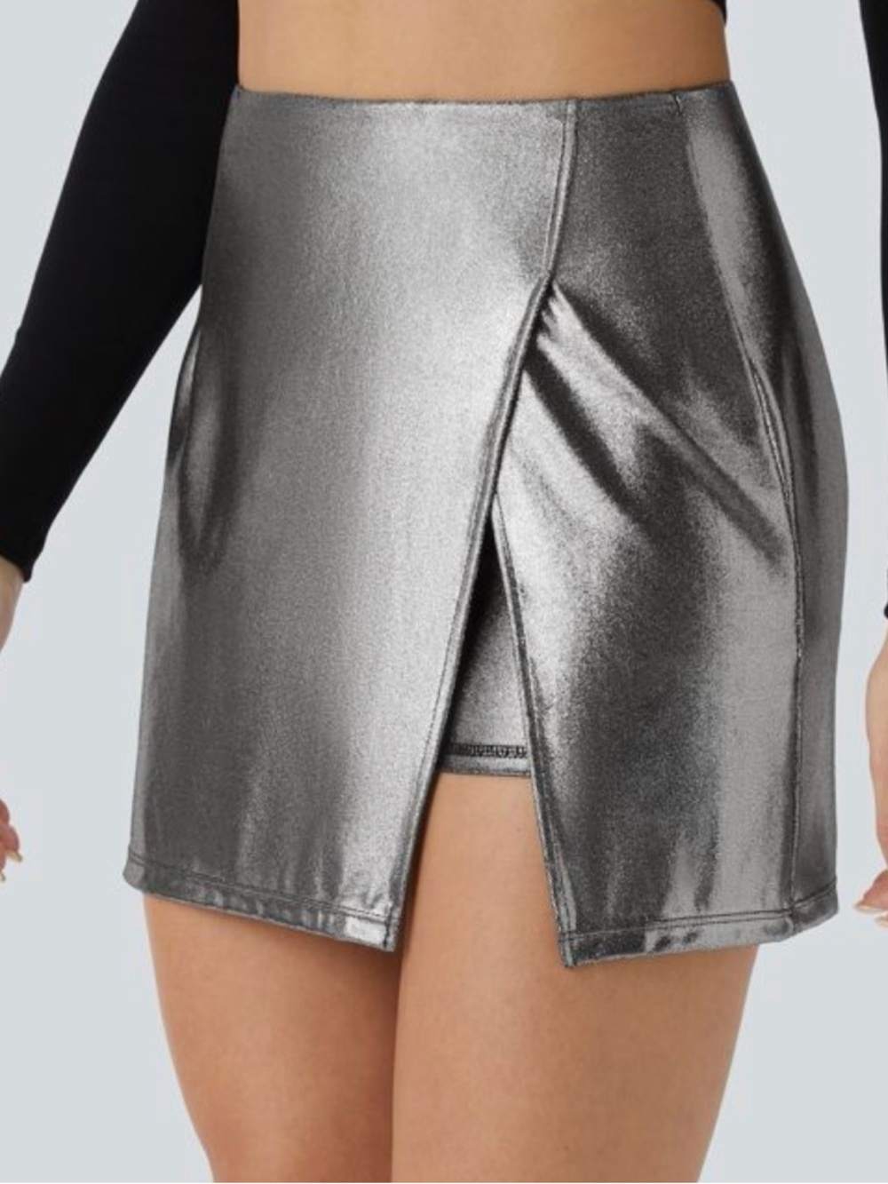 HALARA Metallic Silver Mini Skirt with Front Slit - Picture 4 of 5